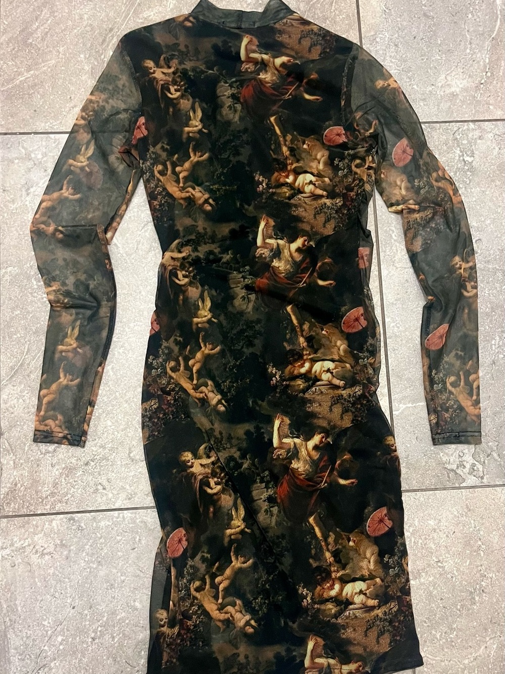 Sheer Long-Sleeve Art Print Bodycon Dress in Black and Brown